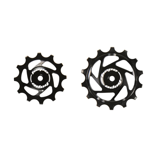 Pulegge del cambio posteriore a 12 velocità HOPE Sram da 12/14 denti nere — componente su sfondo bianco