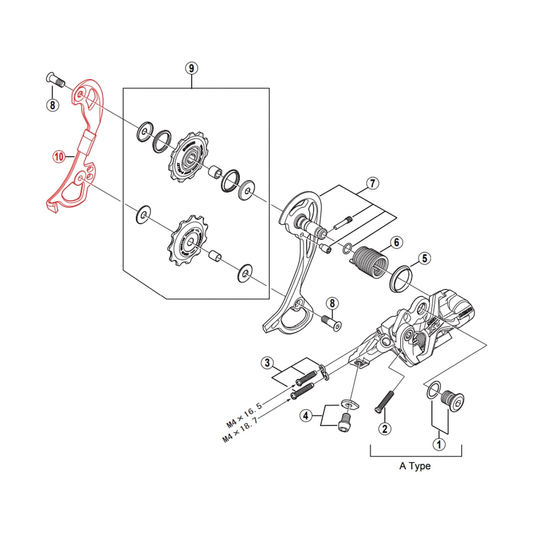Gabbia interna media per cambio posteriore SHIMANO XT RD-M772 GS — illustrazione originale su sfondo bianco