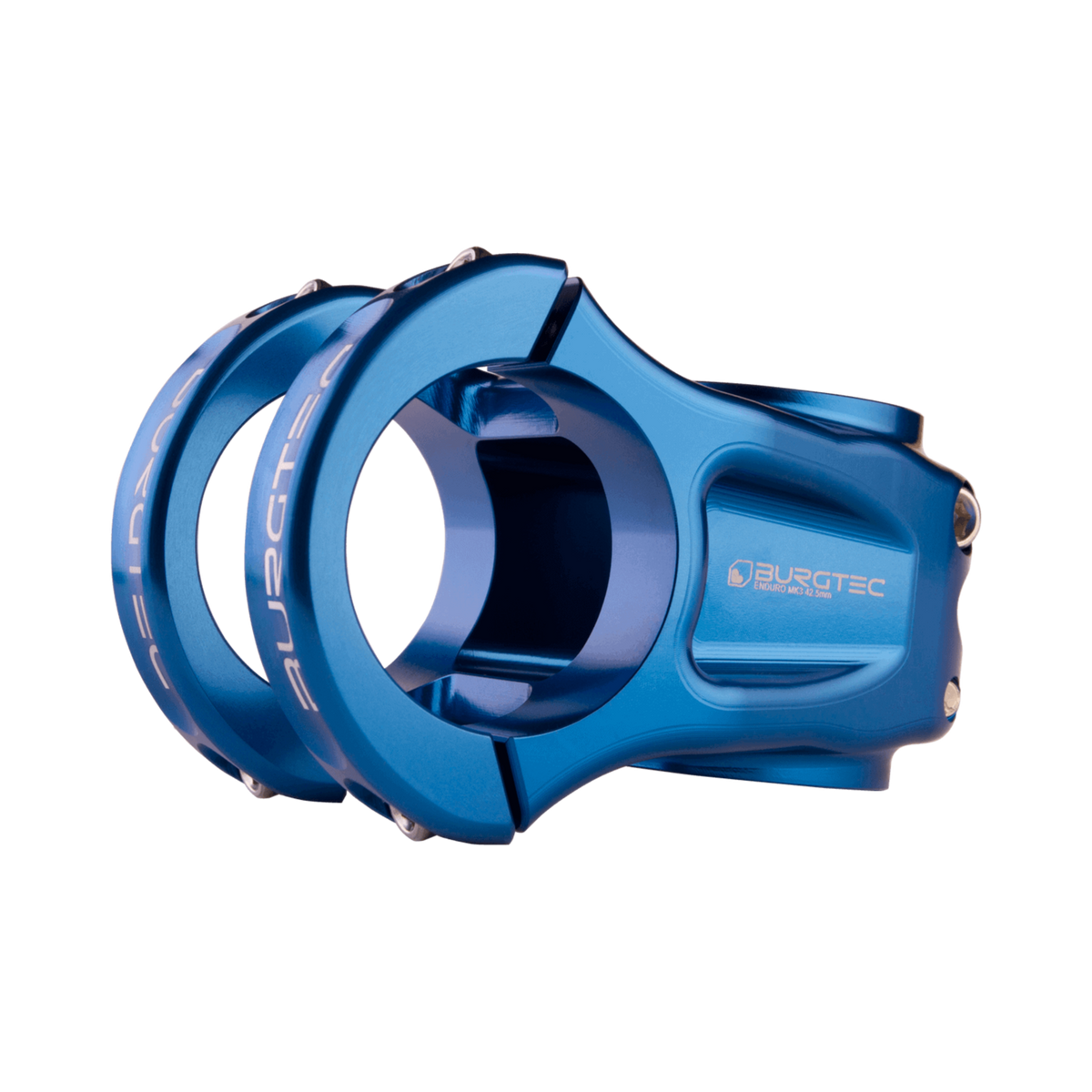 Attacco manubrio BURGTEC ENDURO MK3 blu — vista principale su sfondo bianco