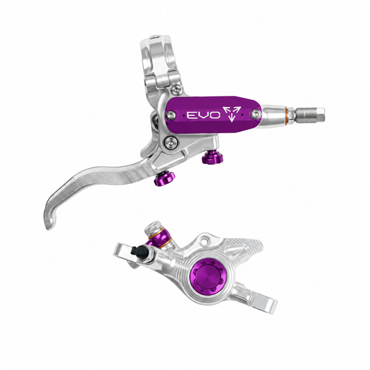 Freno HOPE TECH 4 EVO X2 PM argento/viola — leva e pinza su sfondo bianco