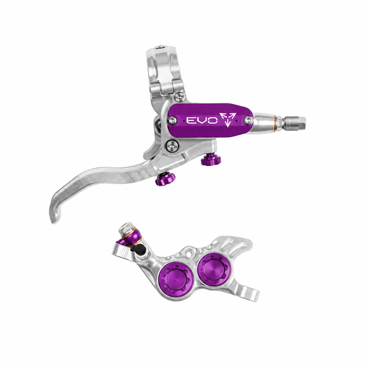 Freno HOPE TECH 4 EVO GR4 argento/viola — leva e pinza su sfondo bianco