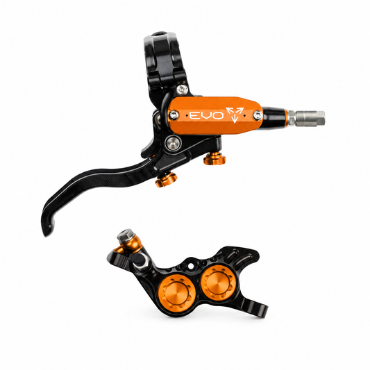 Freno HOPE TECH 4 EVO GR4 nero/arancione — leva e pinza su sfondo bianco