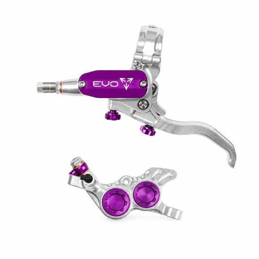 Freno HOPE TECH 4 EVO GR4 argento/viola — leva e pinza su sfondo bianco