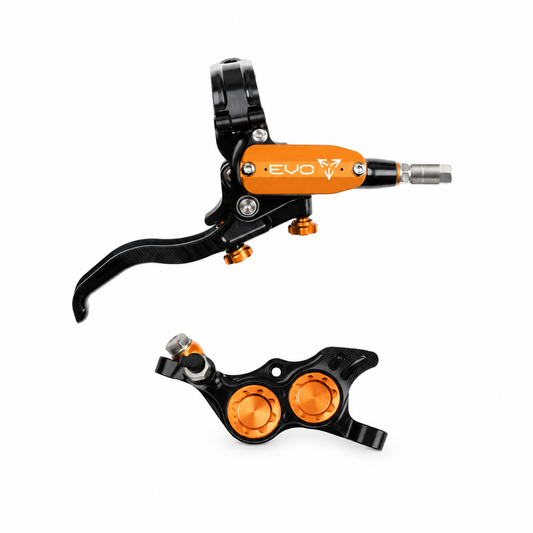 Freno HOPE TECH 4 EVO TR4 nero/arancione — leva e pinza su sfondo bianco