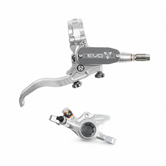 Freno HOPE TECH 4 EVO X2 PM argento/fumé — leva e pinza su sfondo bianco