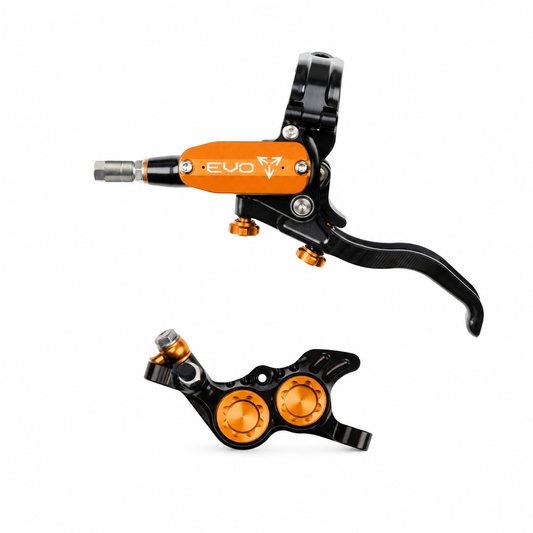 Freno HOPE TECH 4 EVO GR4 nero/arancione — leva e pinza su sfondo bianco