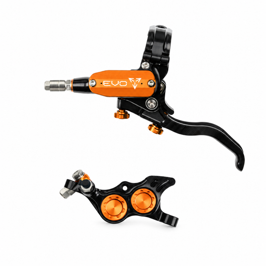 Freno HOPE TECH 4 EVO TR4 nero/arancione — leva e pinza su sfondo bianco