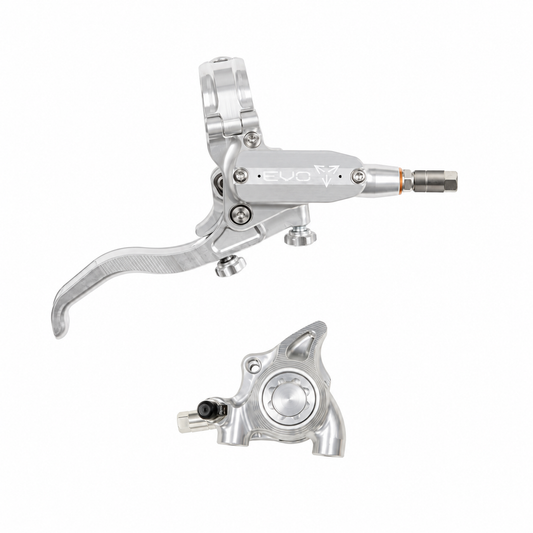 Freno HOPE TECH 4 EVO X2 FM argento/argento — leva e pinza su sfondo bianco