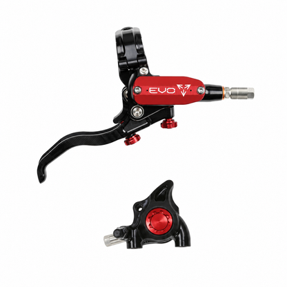 Freno HOPE TECH 4 EVO X2 FM nero/rosso — leva e pinza su sfondo bianco