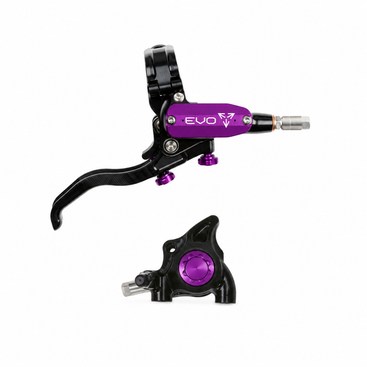 Freno HOPE TECH 4 EVO X2 FM nero/viola — leva e pinza su sfondo bianco