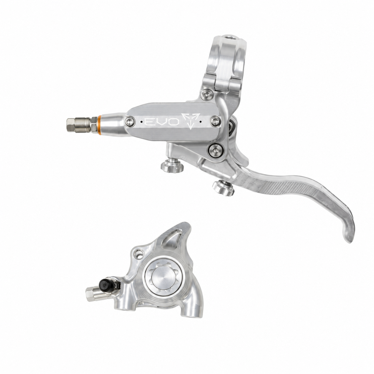 Freno HOPE TECH 4 EVO X2 FM argento/argento — leva e pinza su sfondo bianco