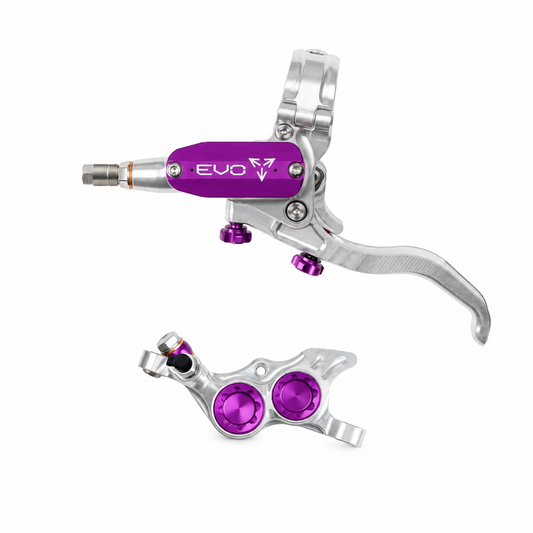 Freno HOPE TECH 4 EVO TR4 argento/viola — leva e pinza su sfondo bianco