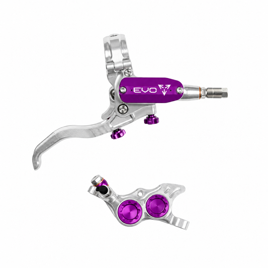 Freno HOPE TECH 4 EVO TR4 argento/viola — leva e pinza su sfondo bianco