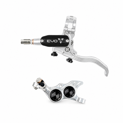 Freno HOPE TECH 4 EVO TR4 argento/nero — leva e pinza su sfondo bianco