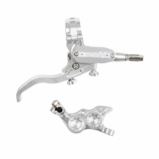 Freno HOPE TECH 4 EVO TR4 argento/argento — leva e pinza su sfondo bianco