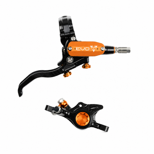 Freno HOPE TECH 4 EVO X2 PM nero/arancione — leva e pinza su sfondo bianco