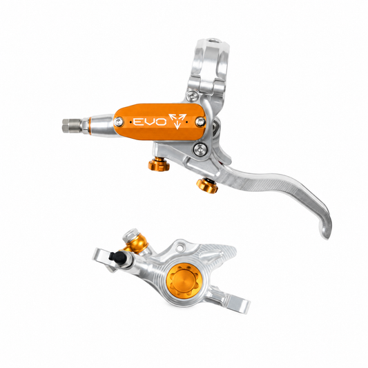 Freno HOPE TECH 4 EVO X2 PM argento/arancione — leva e pinza su sfondo bianco