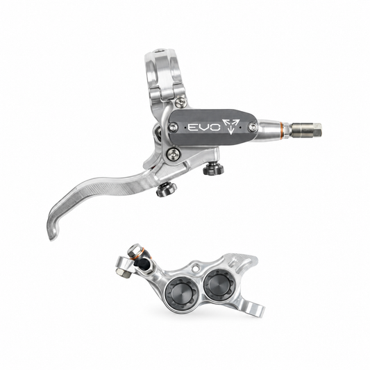 Freno HOPE TECH 4 EVO TR4 argento/fumé — leva e pinza su sfondo bianco