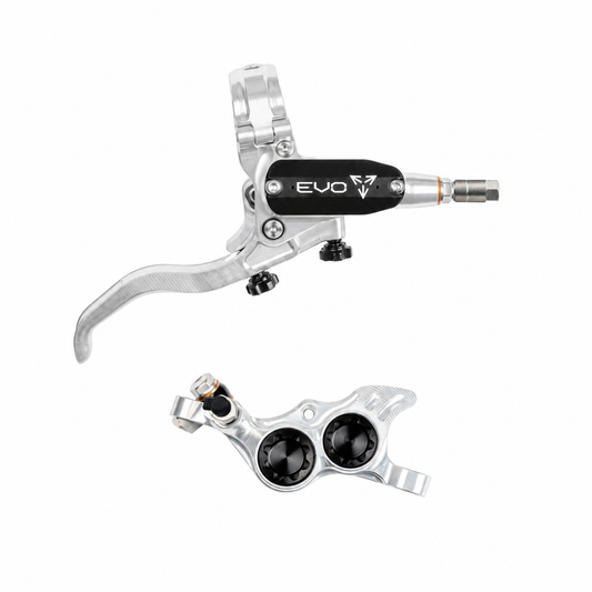 Freno HOPE TECH 4 EVO TR4 argento/nero — leva e pinza su sfondo bianco