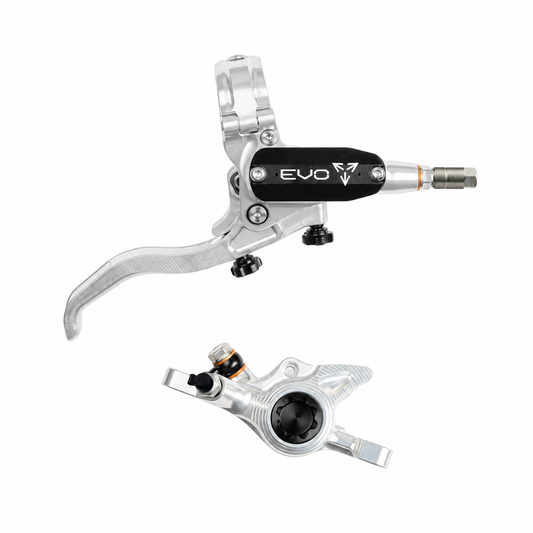 Freno HOPE TECH 4 EVO X2 PM argento/nero — leva e pinza su sfondo bianco