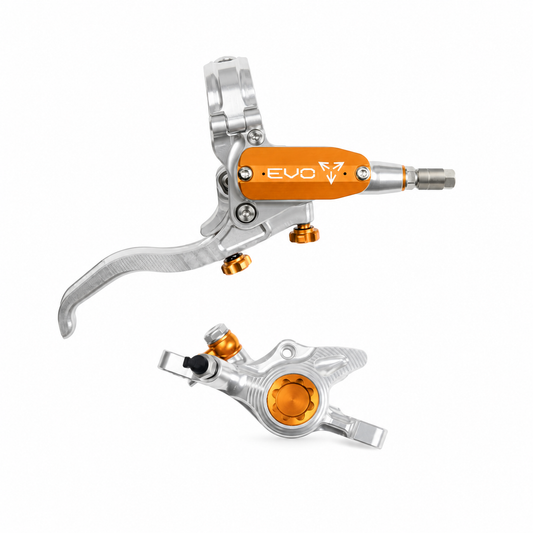 Freno HOPE TECH 4 EVO X2 PM argento/arancione — leva e pinza su sfondo bianco