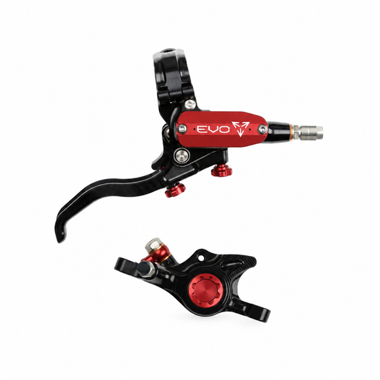 Freno HOPE TECH 4 EVO X2 PM nero/rosso — leva e pinza su sfondo bianco