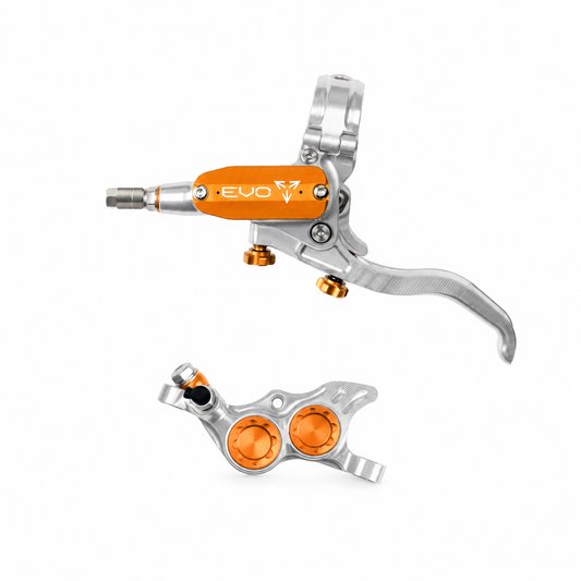 Freno HOPE TECH 4 EVO TR4 argento/arancione — leva e pinza su sfondo bianco