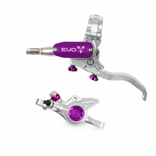 Freno HOPE TECH 4 EVO X2 PM argento/viola — leva e pinza su sfondo bianco