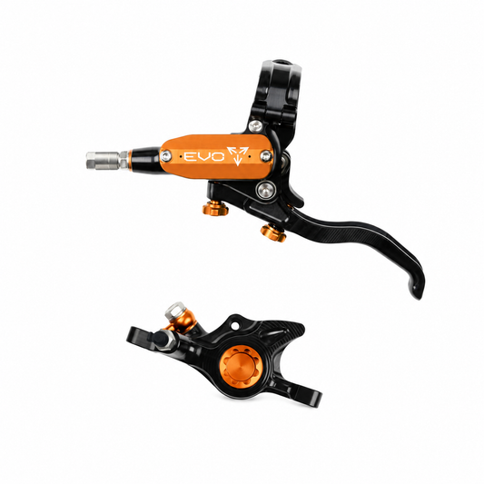 Freno HOPE TECH 4 EVO X2 PM nero/arancione — leva e pinza su sfondo bianco