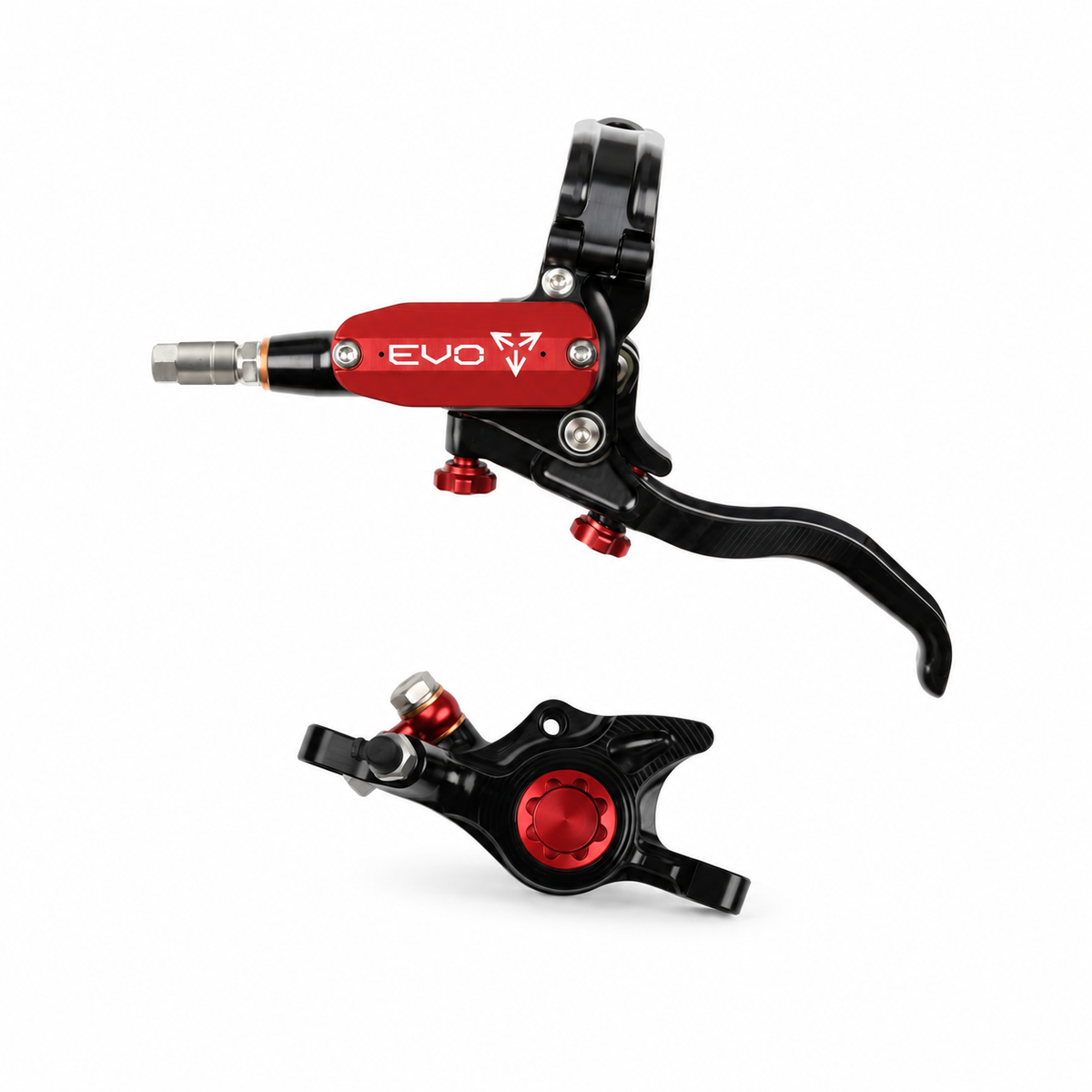 Freno HOPE TECH 4 EVO X2 PM nero/rosso — leva e pinza su sfondo bianco