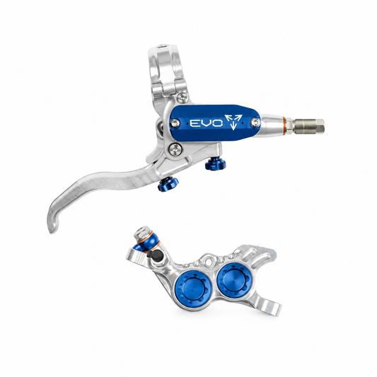 Freno HOPE TECH 4 EVO GR4 argento/blu — leva e pinza su sfondo bianco