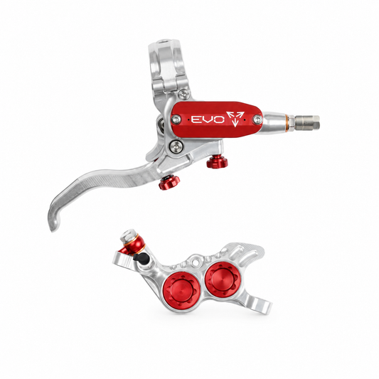 Freno HOPE TECH 4 EVO GR4 argento/rosso — leva e pinza su sfondo bianco