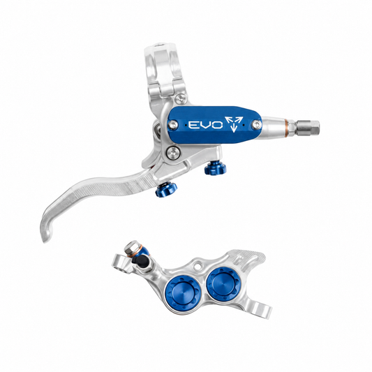 Freno HOPE TECH 4 EVO TR4 argento/blu — leva e pinza su sfondo bianco