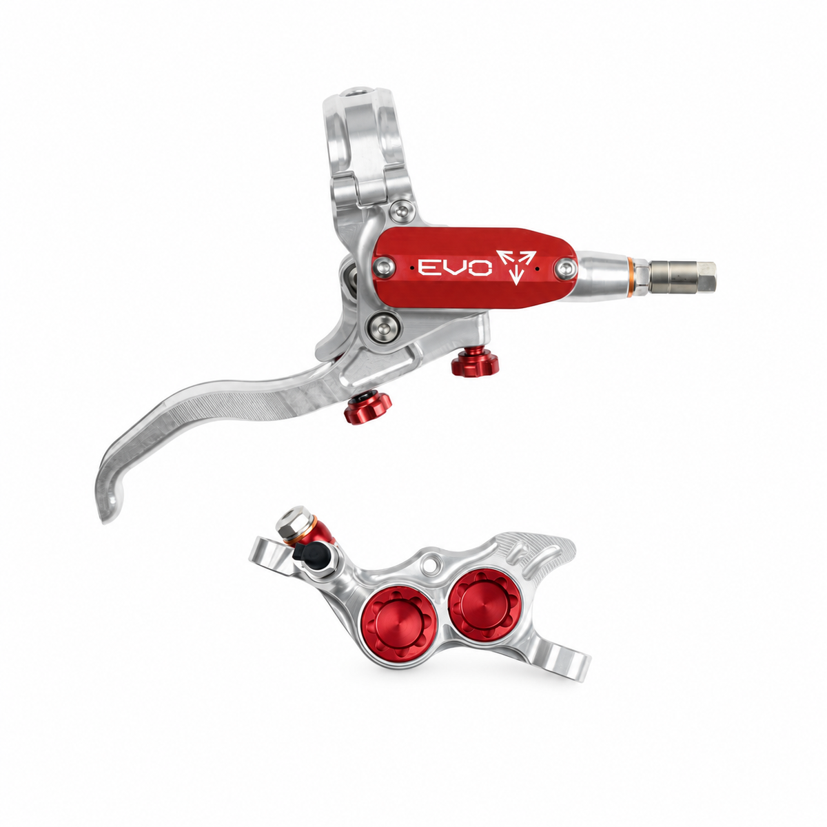 Freno HOPE TECH 4 EVO TR4 argento/rosso — leva e pinza su sfondo bianco