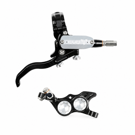 Freno HOPE TECH 4 EVO TR4 nero/argento — leva e pinza su sfondo bianco