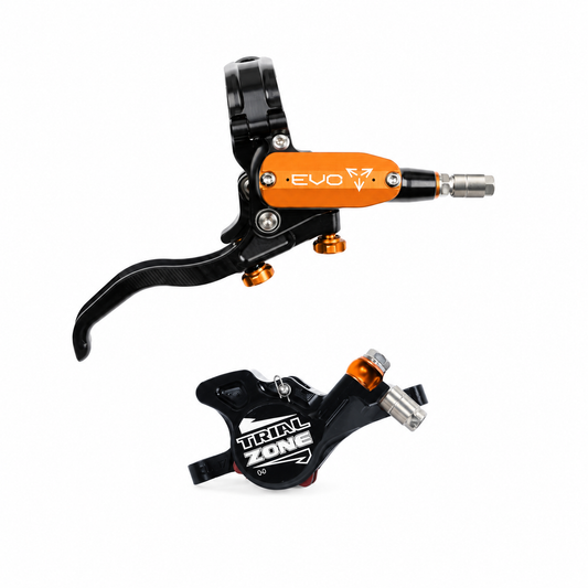Freno HOPE TECH 4 EVO TRIAL ZONE N9 arancione — leva e pinza su sfondo bianco