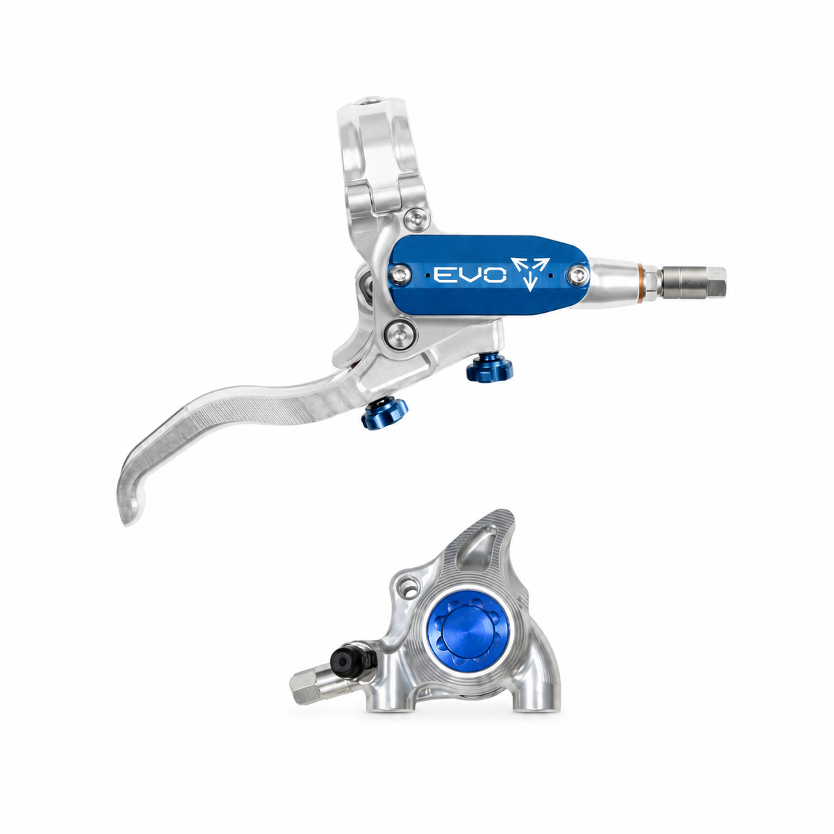 Freno HOPE TECH 4 EVO X2 FM argento/blu — leva e pinza su sfondo bianco