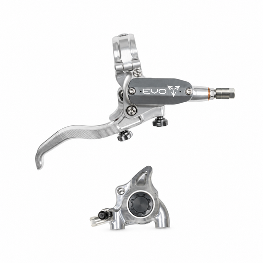 Freno HOPE TECH 4 EVO X2 FM argento/fumé — leva e pinza su sfondo bianco