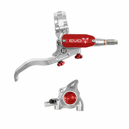 Freno HOPE TECH 4 EVO X2 FM argento/rosso — leva e pinza su sfondo bianco