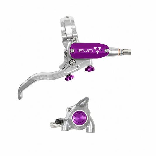 Freno HOPE TECH 4 EVO X2 FM argento/viola — leva e pinza su sfondo bianco