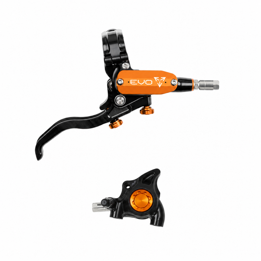 Freno HOPE TECH 4 EVO X2 FM nero/arancione — leva e pinza su sfondo bianco