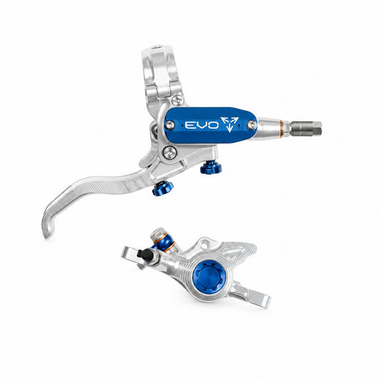 Freno HOPE TECH 4 EVO X2 PM argento/blu — leva e pinza su sfondo bianco