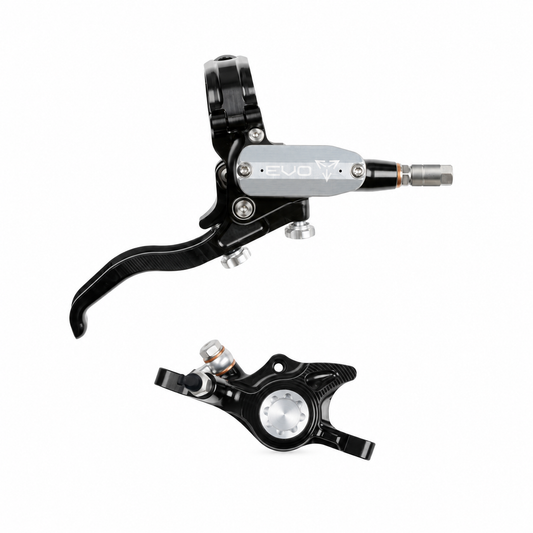Freno HOPE TECH 4 EVO X2 PM nero/argento — leva e pinza su sfondo bianco