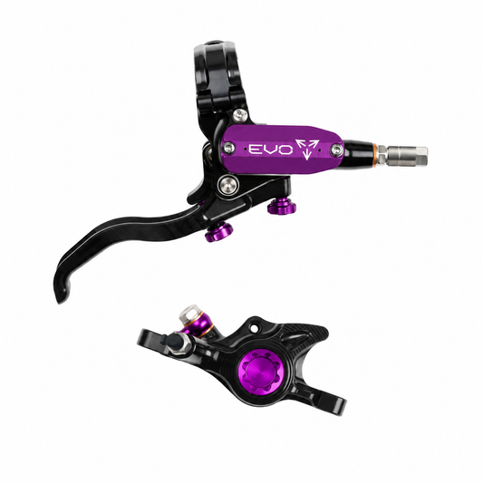 Freno HOPE TECH 4 EVO X2 PM nero/viola — leva e pinza su sfondo bianco