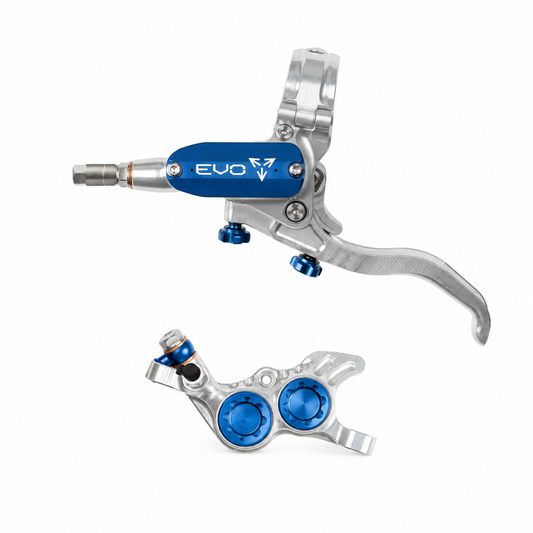 Freno HOPE TECH 4 EVO GR4 argento/blu — leva e pinza su sfondo bianco