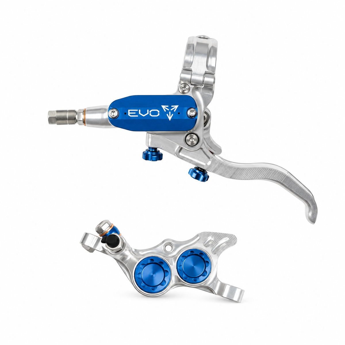 Freno HOPE TECH 4 EVO TR4 argento/blu — leva e pinza su sfondo bianco