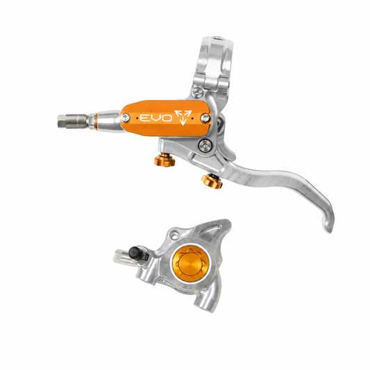 Freno HOPE TECH 4 EVO X2 FM argento/arancione — leva e pinza su sfondo bianco