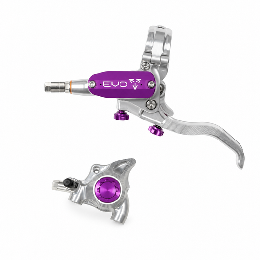 Freno HOPE TECH 4 EVO X2 FM argento/viola — leva e pinza su sfondo bianco