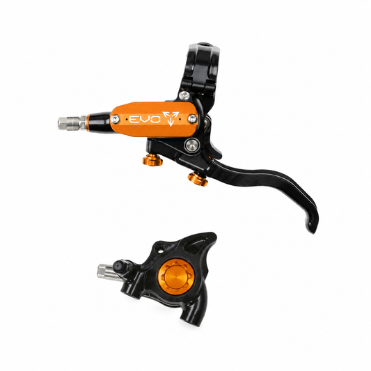 Freno HOPE TECH 4 EVO X2 FM nero/arancione — leva e pinza su sfondo bianco