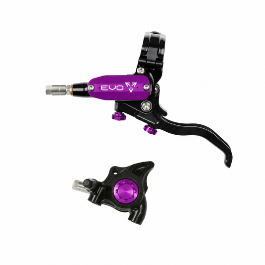 Freno HOPE TECH 4 EVO X2 FM nero/viola — leva e pinza su sfondo bianco